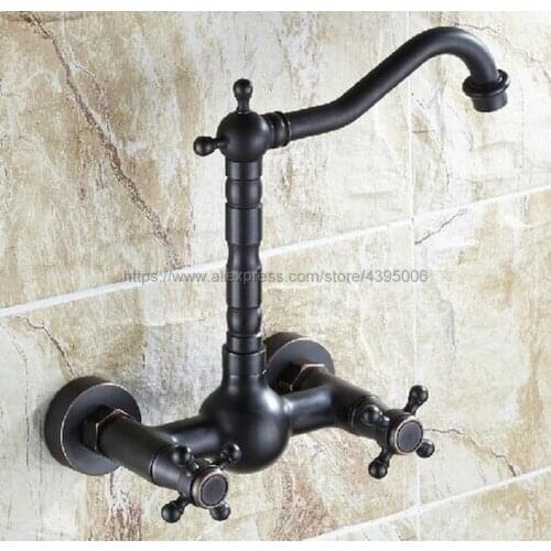 Oil Rubbed Bronze Double Handle Kitchen Faucet Wall Mounted 360 Degree Rotate Bathroom Kitchen Mixers Hot and Cold Tap Bnf265