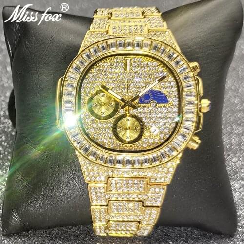 Top MISSFOX Hip Hop Men Watches Diamond Bling Fashion Date Calendar Quartz Watch Iced Out Waterproof Moon Phase Jewelry Clocks