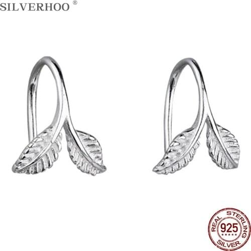 SILVERHOO 925 Sterling Silver Earring For Women Lovely Tree Leaf Plant Small Stud Earrings Prevent Allergy Jewelry Birthday Gift