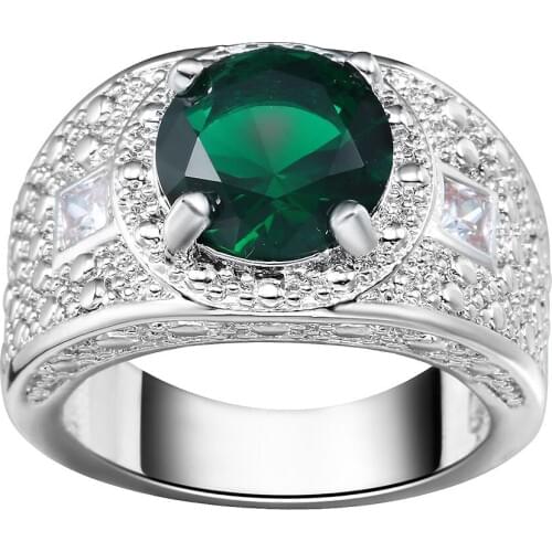 Hainon 2019 New Luxury Wide Silver Color Rings For Women With Round Big Green Zircon Crystal Wedding Engagement Rings