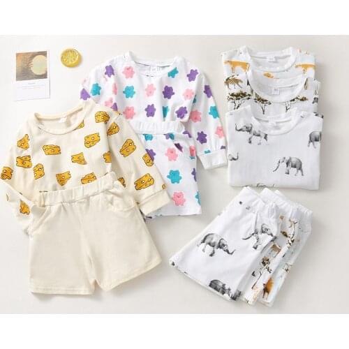 2Pcs Little Girls Boys Outfit, Autumn Toddlers Cartoon Animal/Cheese Printing Long Sleeve Round Collar Tops + Shorts Set 18M-6T