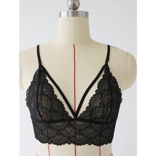 Lace Triangle Floral Sheer Bralette Bra Non Padded Crop Top Sexy Women Bras Black Adjustable Shoulder Strap Underwear