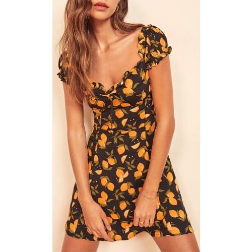 Summer Clothes For Women Dresses Ruffle Edge Sweetheart Neck Bow Tie Lemon Print Beach Dress Short Puff Sleeve Sexy Mini Dress