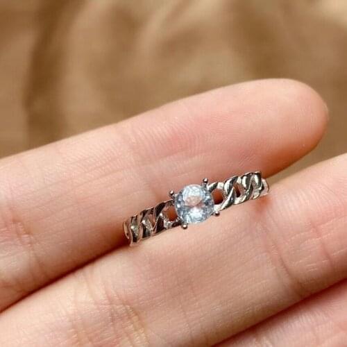 Fashion Silver Chain Ring with Gemstone 4mm Natural Aquamarine Ring 925 Silver Aquamarine Jewelry for Daily Wear