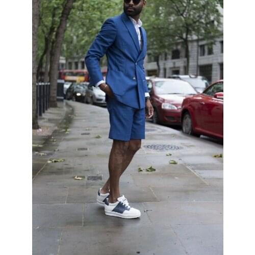 Double Breasted Groomsmen Blue Groom Tuxedos Peak Lapel Men Suits 2 Pieces Wedding ( Jacket + Short Pants + Tie ) D203