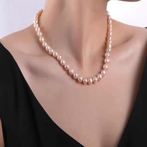 Real Pink Pearl Women Necklace Jewelry 9-10mm Round Natural Pink Freshwater Cultured Pearl Necklace 18" W