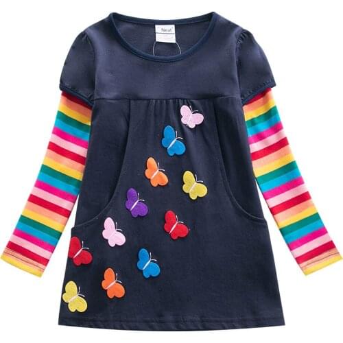 Baby girl dress autumn new childrens clothes 100% cotton butterfly applique girl dress rainbow striped baby princess dress