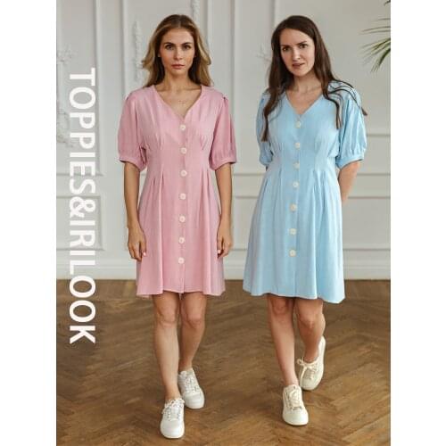 Toppies Summer Linen Dress Woman Short Sleeve Slim A-line Mini Dress V-neck Single Breasted vestidos mujer 2021