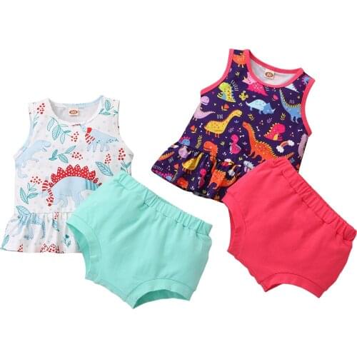 Infant Baby Girls Casual Two-piece Clothes Set, Round Collar Sleeveless Printed Pattern Tops and Shorts, Dark Purple/ White