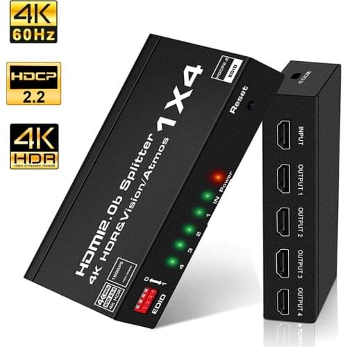 HDMI Splitter 1 in 4 Out 4K 60Hz HDMI Splitter 1x4 Audio Video Distributor Box Support Full Ultra HD HDR for Blu-Ray Player