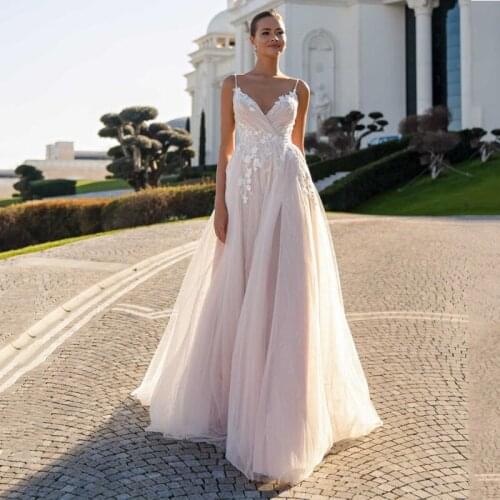 Eightree Sexy Spaghetti Straps Wedding Dress Applique Tulle Backless A-Line Sleeveless Bridal Gown Long Evening Dress Customsize