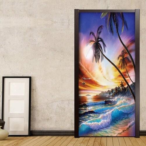 Modern 3D Door Sticker Romantic Bay Coconut Tree Oil Painting Landscape Wallpaper PVC Self-Adhesive DIY Door Sticker Home Decor