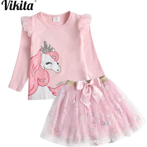 VIKITA Girls Clothing Sets Autumn Spring Girls Unicorn Cotton T-Shirt + Bow Mini Skirts 2Pcs Girls School Party Casual Clothes