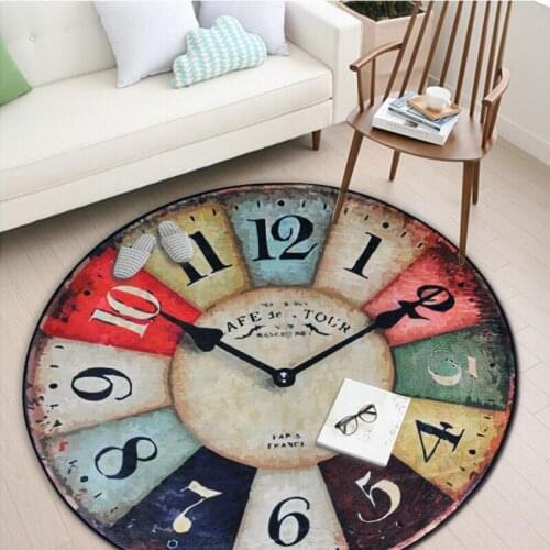 Vintage Creative Wall Clock Printed Round Carpet Entrance DoorMat Porch Bathroom Mat Anti-Slip Wear-Resisting Kitchen Rug