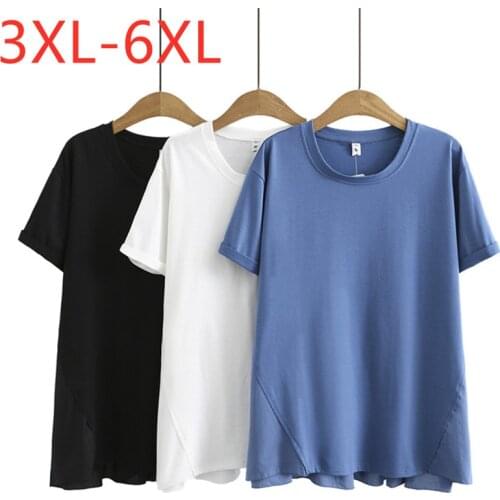 New 2021 Ladies Summer Plus Size Tops For Women Large Short Sleeve Loose Blue White Ruffle Cotton T-Shirt 3XL 4XL 5XL 6XL