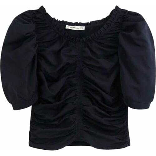 2020 New Fashion Square Collar Women Pleated Short Shirt Casual Lady Short Sleeve Solid Blouse Slim Tops S7006