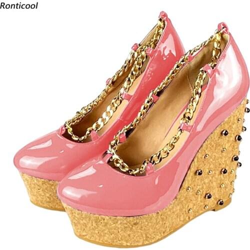 Ronticool Handmade Women Beautiful Pumps Glossy Wedges Heels Round Toe Gorgeous 10 Colors Party Shoes Women US Plus Size 5-20