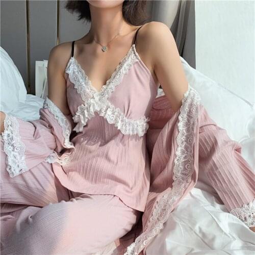 Women Cotton Pajamas Set 3 Pieces Autumn Winter Sexy Lace Pajamas Woman Sleepwear Pajamas Soft Casual Sling Pants Robe Homewear