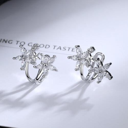 CIAXY 925 Sterling Silver Ear Clips Shiny Cubic Zirconia Flowers Clip on Hoop Earrings for Women Party Jewelry Gifts