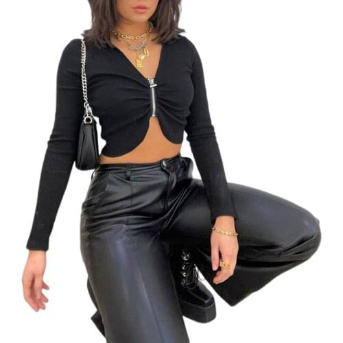 Womens Zip Up Crop Tops, Long Sleeve V Neck Solid Color Ruched Rib Knit T-Shirts