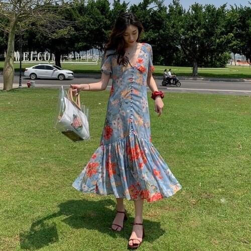 Women Long Floral Ruffle Dress Summer 2021 Runway Boho Vintage French Fairy Dress Honeymoon Vacation Party Night Dress Tropical