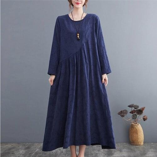 2021 New Arrival Long Sleeve Autumn Dress Cotton Linen Jacquard Vintage Office Lady Work Dress Women Spring Casual Long Dress