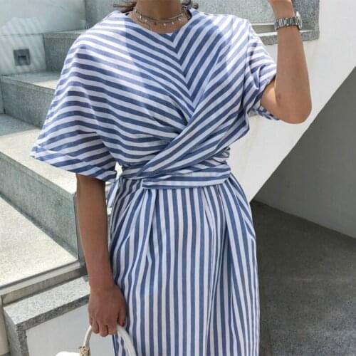 Female Vestidos Original Design New Summer Batwing Sleeve Loose Striped Long Dress Lacing Cross Tunic Front Split Dress