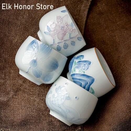 2pc/Set Handmade White Jade Porcelain TeaCups Jingdezhen Lotus Art Mugs Chinese Kung Fu Tea Master Cups Personal Lily Teasets