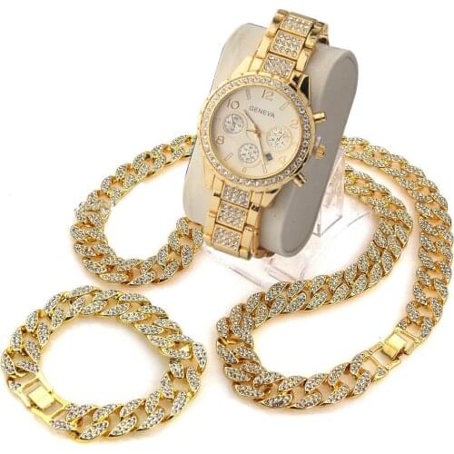 3 Pcs / Set Blingbling Hip Hop Shining Stones Watch 18" Iced Out Cuban Stone Chain Bracelet Necklace Watch Set