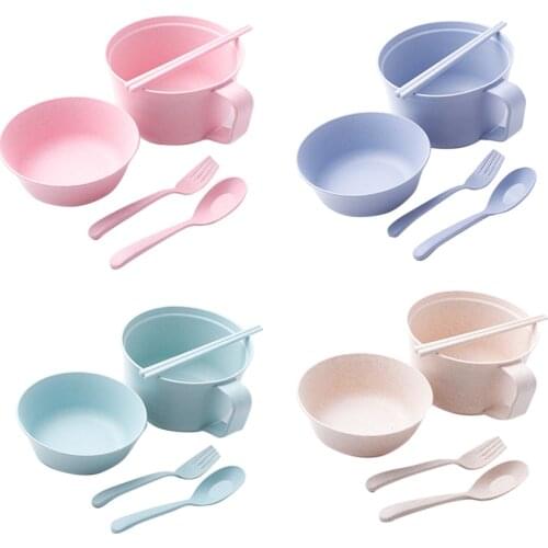 5pcs/set Instant Noodles Bowl Chopsticks Spoon Fork Set Wheat Straw Japanese Style Soup Ramen Bowl