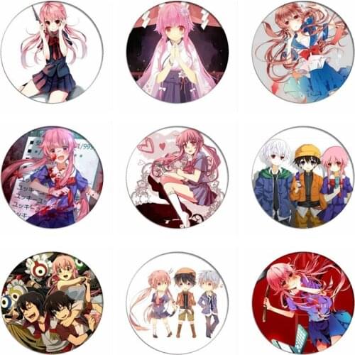 Anime Mirai Nikki Gasai Yuno Cosplay Badges Brooch Pins Icon Amano Yukiteru Collection Bag Breastpin for Backpacks Clothes Decor