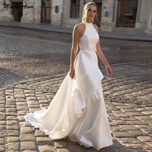 Magic Awn Halter Satin Wedding Dresses 2021 Sleeveless Open Back Boho A-Line Mariage Gowns Elegant Country Wedding Party Dress