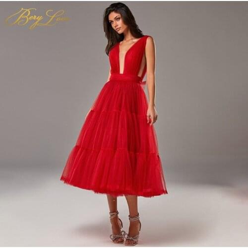 Berylove V Neck Red Evening Dresses Tea Length Prom Dress Ball Gown A Line Tank Bow Tulle Elegant Party Dress