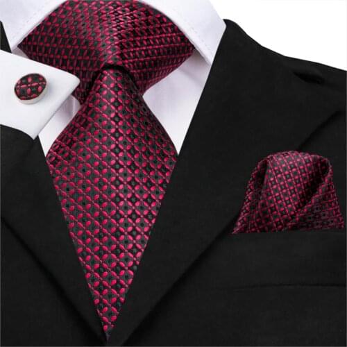 C-3112 Hi-Tie Silk Men Tie Set 8.5cm Luxury Red Plaid Necktie Pocket Square Cufflinks Set Mens Classic Party Wedding Tie Set