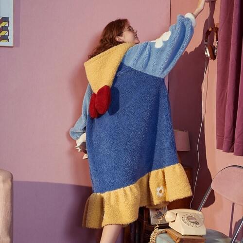 Home Suit Nightgown Women Thick Long-sleeve Plush Nightdress Pajamas Are Suitable for Keeping Warm In Autumn and Winter