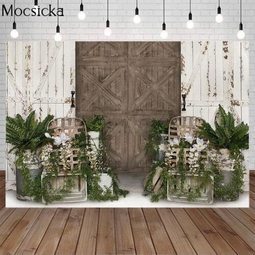 Spring Easter Photography Backdrops White Wood Wall Vintage Wooden Door Green Plants Childr Portrait Background For Photo Studio