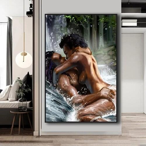 HD Print Kissing Lovers Oil Painting Nude Black Couple Poster Wall Art Modern Home Decor Picture