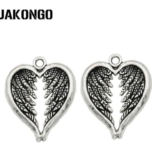 JAKONGO Antique Silver Plated Angel Wings Heart Charm Pendants for Jewelry Accessories Making Findings DIY 22x16mm 10pcs/lot
