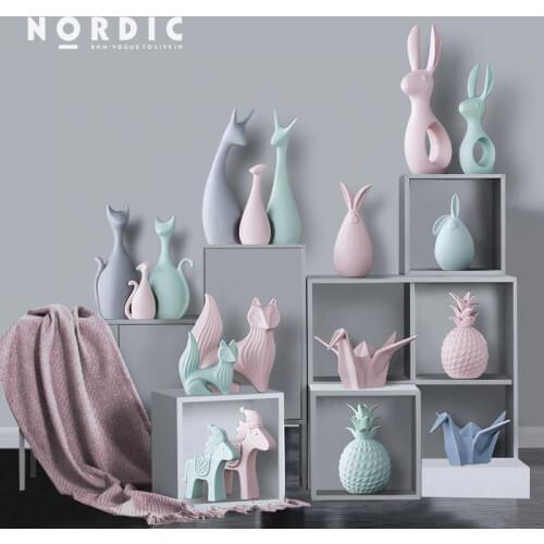 Nordic Pink Green Ceramic Deer Rabbit Figurines Home Decoration Crafts Livingroom Desktop Animal Ornaments Modern Wedding Gifts