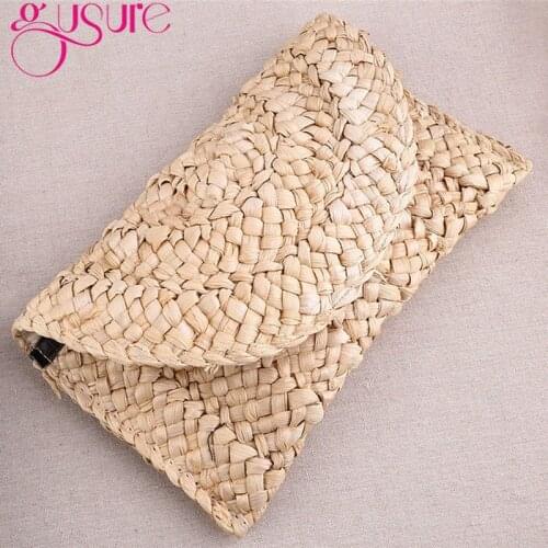 Gusure Fashionable Corn Husk Straw Bags Hand-woven Women Handbag Long Style Craft Purse For Female Clutch Vacation ins