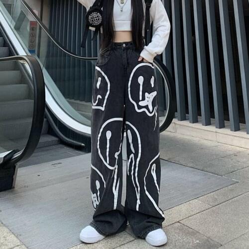 Cool Vintage Women Pocket Jeans 2020 Dark Print Graffiti Casual Jeans Plus Size Lazy Men And Women Pants High-Rise Jeans Femme