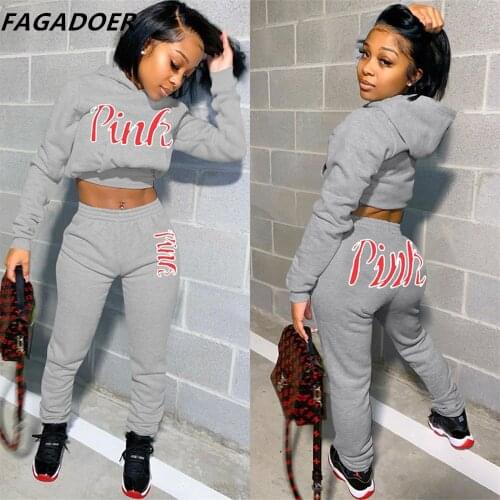 FAGADOER Autumn 2021 Two Piece Set Pink Letter Print Hooded Top And Sweatpants Winter Tracksuit Suits Women Sportwear Grey