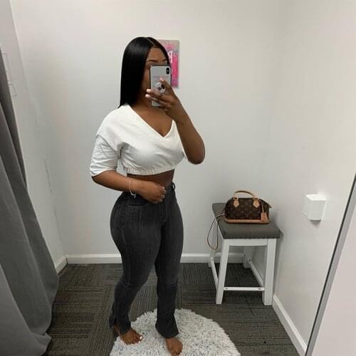 ZKYZWX Fall Sexy High Waist Jeans for Women Hem Slit Streetwear Vintage Club Skinny Strechy Lounge Wear Denim Pencil Pants