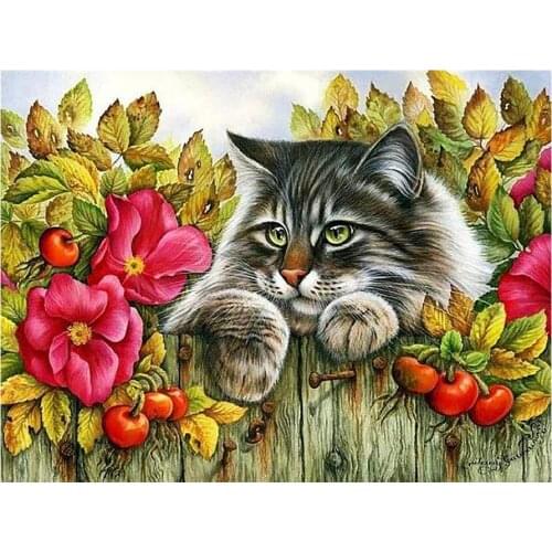 Autumn Fence Leaves Cat Diamond Painting Animal Round Full Drill Nouveaute DIY Needlework Mosaic Embroidery 5D Cross Stitch