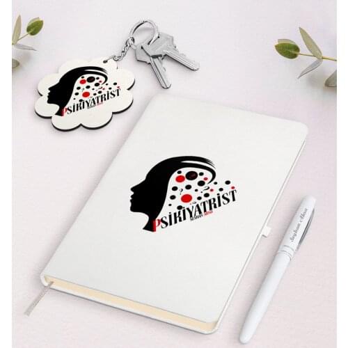Personalized Psychiatrist White Notebook Pen and Keychain Gift Seti-3 Reliable Quality Gift Casual Design Moment
