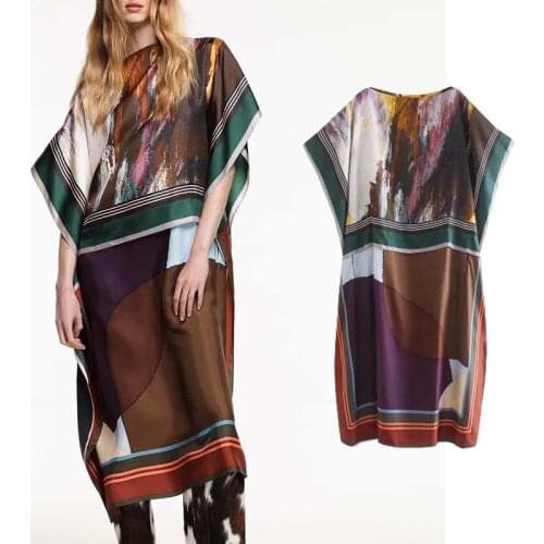 Klkxmyt Za Dress Women 2021 Long Patchwork Print Midi Tunic Dress Woman Short Sleeve Summer Dresses Vintage Loose Casual Dresses