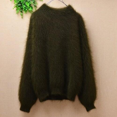 Female women autumn winter clothing hairy mink cashmere knitted long lantern sleeves loose pullover angora fur sweater pull tops