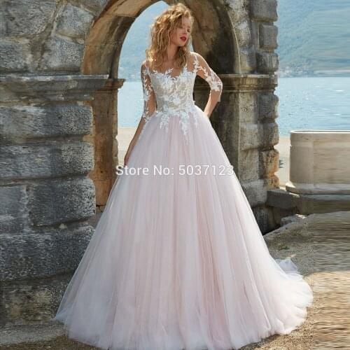Pink Wedding Dresses Scoop Long Sleeves Lace Appliques A Line Open Back Sweep Train Wedding Bridal Gown Vestidos De Noiva