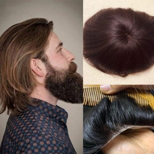 Dark Brown Human Hair Toupee For Men With Straight Hair Pieces Soft Mono PU Replacement System for Man Human Remy Hair Wig