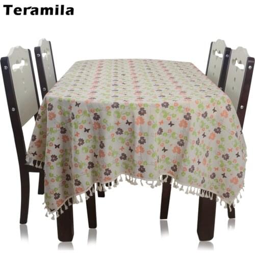 Teramila Tassel Side Flower Dining Table Cover Rectangular Cotton Linen Thick Tablecloth Round Home Party Mantel Wedding Decor